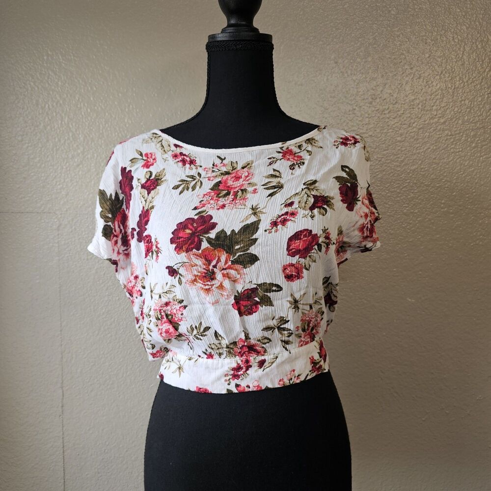 Ambiance Womens Floral Tie Back Crop Top Medium Boho Chic Cottagecore Y2K O618